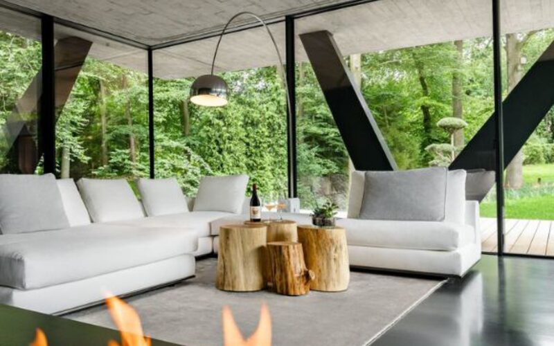 monochrome living room with glass façade