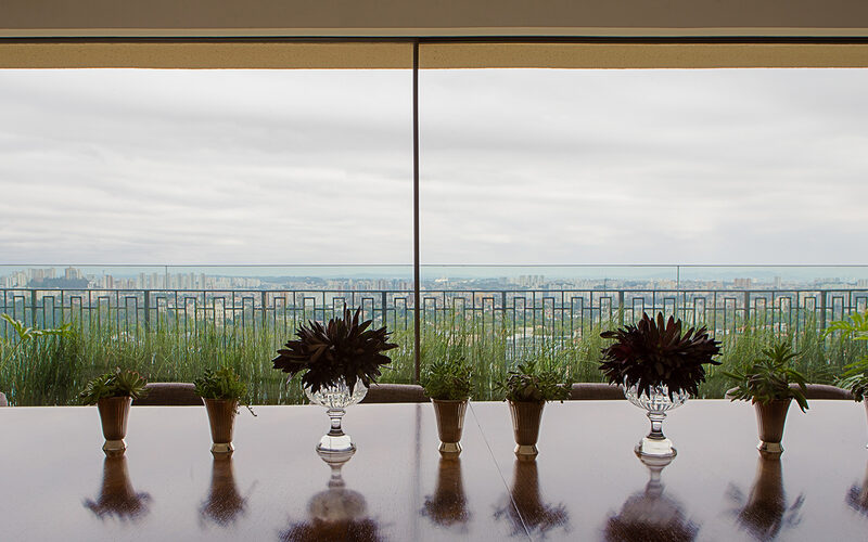 Frameless sliding glass doors to modern dining area