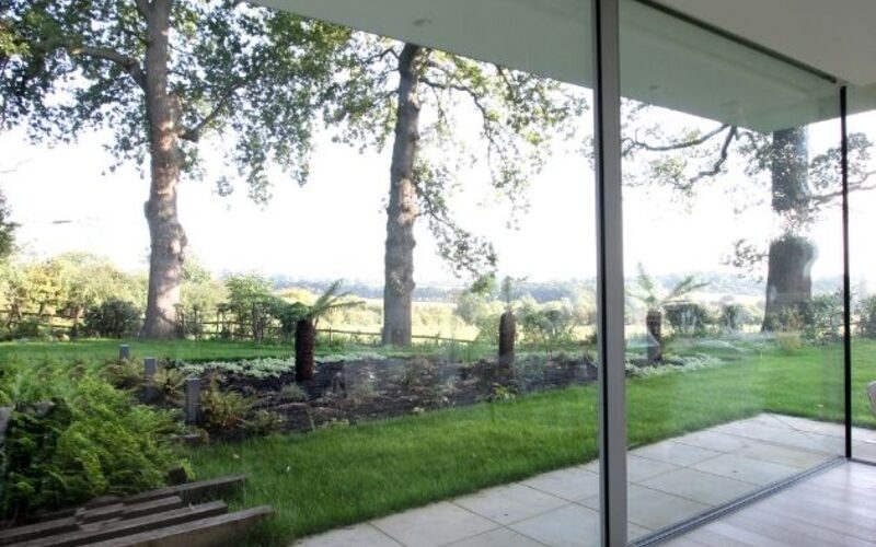 sliding glass doors shown closed and slim design